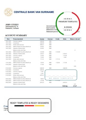 Suriname Centrale Bank Van Suriname bank statement template in Word and PDF format