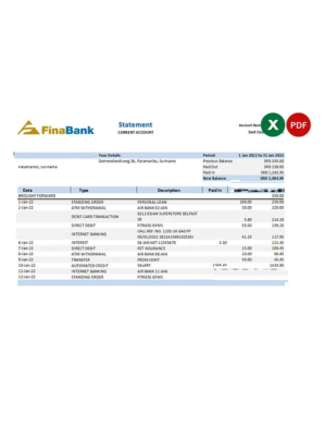 Suriname Finabank bank statement, Excel and PDF template