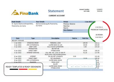 Suriname Finabank bank statement template in Word and PDF format