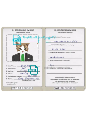 Sweden cat (animal, pet) passport PSD template, completely editable