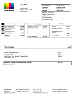 Sweden Com Hem utility bill template in Word and PDF format