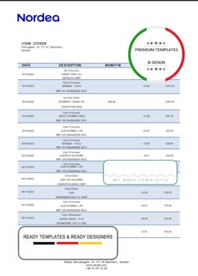 Sweden Nordea bank statement template in Word and PDF format, version 2