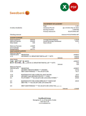 Sweden Swedbank bank statement, Excel and PDF template