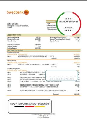 Sweden Swedbank bank statement template in Word and PDF format