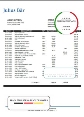 Switzerland Julius Bar bank proof of address statement template in Word and PDF format (.doc and .pdf)