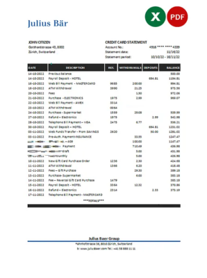 Switzerland Julius Bar bank statement, Excel and PDF template Switzerland Julius Bar bank statement, Excel and PDF template