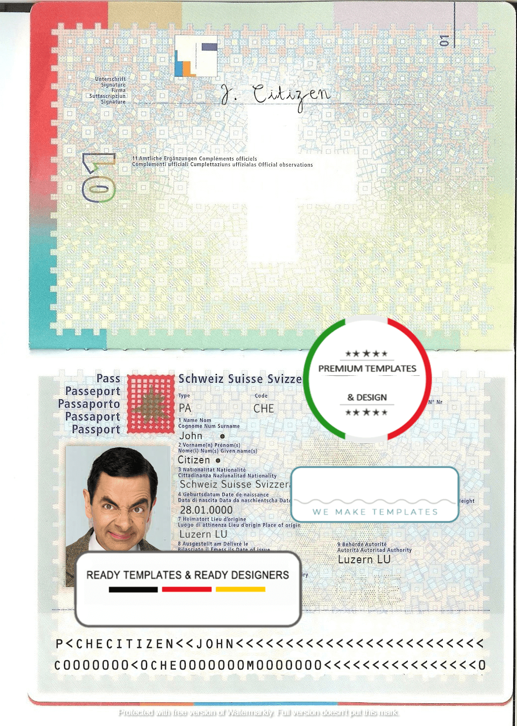 Switzerland passport template in PSD format, fully editable, with all ...