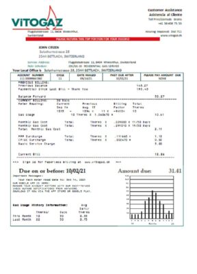 Switzerland Vitogaz Switzerland AG utility bill template, fully editable in Word and PDF format