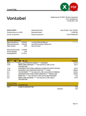 Switzerland Vontobel bank statement, Excel and PDF template Switzerland Vontobel bank statement, Excel and PDF template