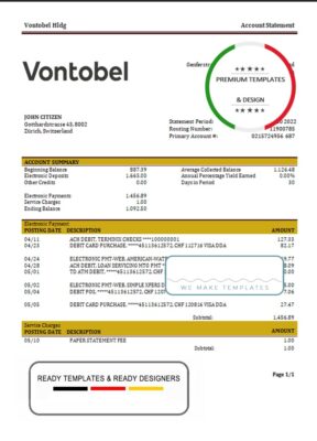 Switzerland Vontobel Bank statement template, Word and PDF format (.doc and .pdf)