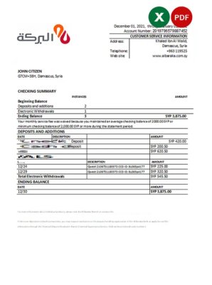 Syria Al Baraka bank statement, Excel and PDF template