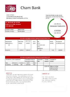 Syria Cham Bank proof of address statement template in Excel and PDF format, .xls and .pdf format