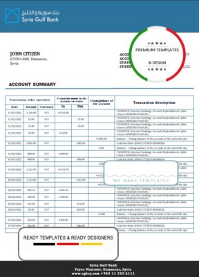 Syria Gulf Bank proof of address statement template in Word and PDF format, .doc and .pdf format