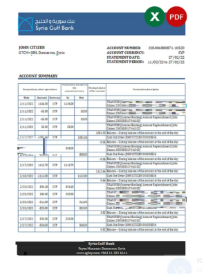 Syria Gulf bank statement, Excel and PDF template