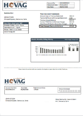 Syria HOVAG Company electricity utility bill template in Word and PDF format