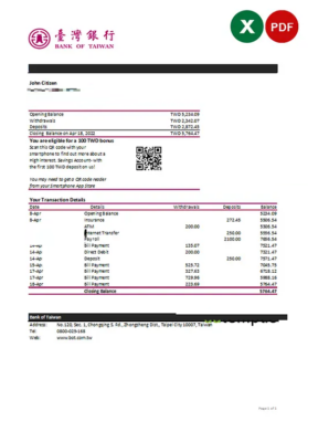 Taiwan Bank of Taiwan bank statement, Excel and PDF template