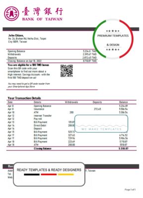 Taiwan Bank of Taiwan bank statement template in Word and PDF format, good for address prove