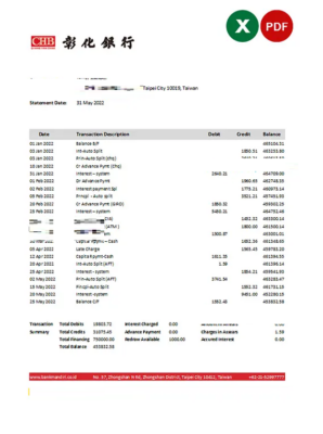 Taiwan Chang Hwa Bank statement, Excel and PDF template