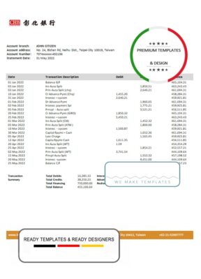 Taiwan Chang Hwa bank statement template in Word and PDF format, good for address prove