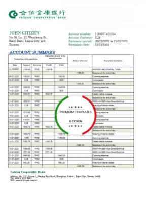 Taiwan Cooperative Bank statement easy to fill template in Excel and PDF format