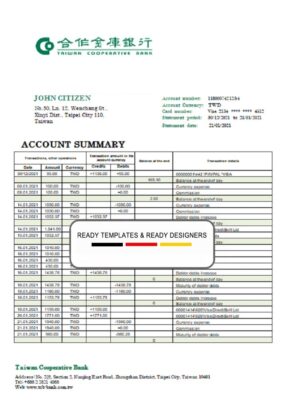 Taiwan Cooperative Bank statement template in Word and PDF format, good for address prove