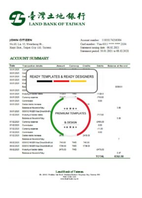 Taiwan Land Bank of Taiwan bank statement easy to fill template in Excel and PDF format