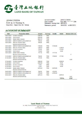 Taiwan Land Bank of Taiwan bank statement template in Word and PDF format, good for address prove