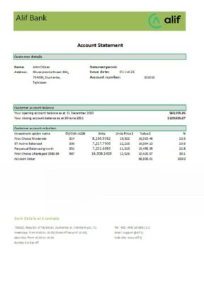 Tajikistan Alif Bank statement template in Excel and PDF format