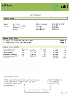 Tajikistan Alif Bank statement template, Word and PDF format (.doc and .pdf)