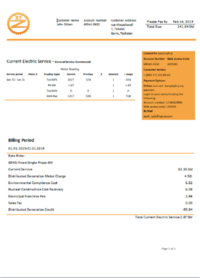 Tajikistan Barqi Tojik Company electricity utility bill template in Word and PDF format