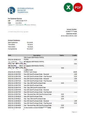 Tajikistan ITB bank statement, Excel and PDF template