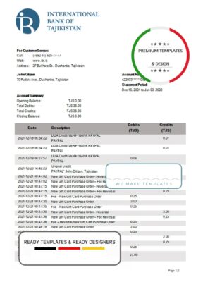 Tajikistan ITB Bank statement template, Word and PDF format (.doc and .pdf)