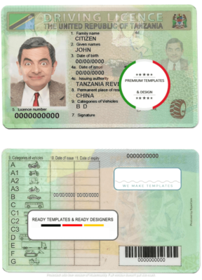 Tanzania driving license template in PSD format, with fonts