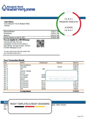 Thailand Bangkok Bank statement template, Word and PDF format (.doc and .pdf)