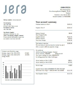 Thailand JERA power utility bill template in Word and PDF format