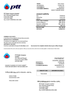 Thailand PTT gas utility bill template in Word and PDF format