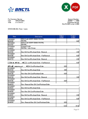 Timor-Leste BNCTL bank statement, Excel and PDF template