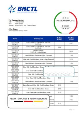 Timor-Leste BNCTL bank statement template in Word and PDF format