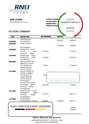 Timor-Leste BNU bank statement template in Word and PDF format