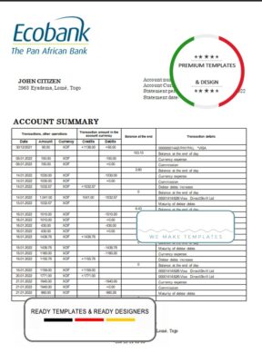 Togo Ecobank Bank statement template in Word and PDF format