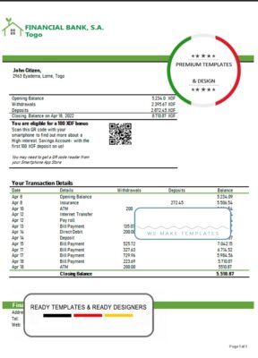 Togo Financial Bank statement template in Word and PDF format