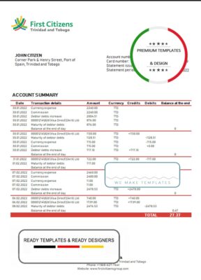 Trinidad and Tobago First Citizens Bank statement template in Word and PDF format