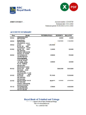 Trinidad and Tobago Royal bank statement, Excel and PDF template