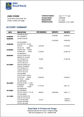 Trinidad and Tobago Royal Citizens Bank statement template in Word and PDF format