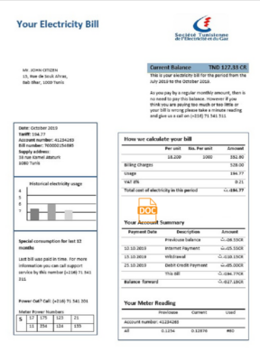 Tunisia electricity proof of address utility bill template in Word and PDF format