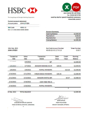 Turkey HSBC bank statement, Excel and PDF template