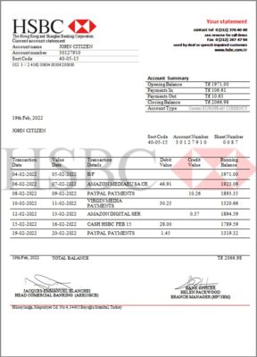 Turkey HSBC bank statement template in Word and PDF format