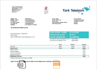 Turkey Turktelekom utility bill template in Word and PDF format, fully editable