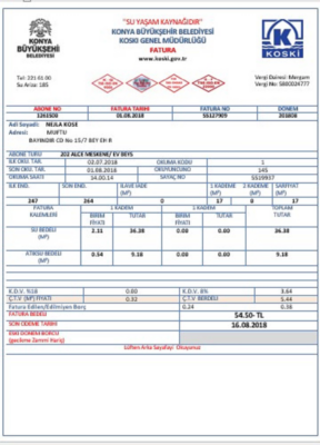 Turkey water utility bill template in Word and PDF format