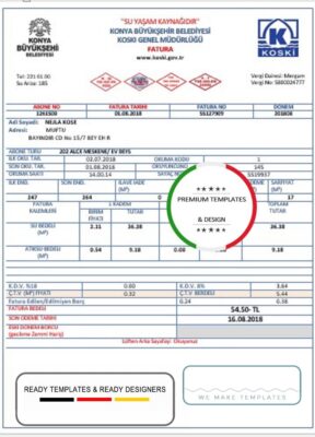 Turkey water utility bill template in Word and PDF format, fully editable